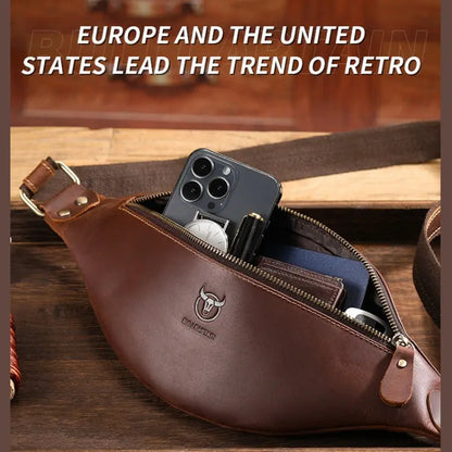 Bull Captain Retro Crazy Horse Leather Men Waist Bag Shoulder Bag Chocolate Chronos