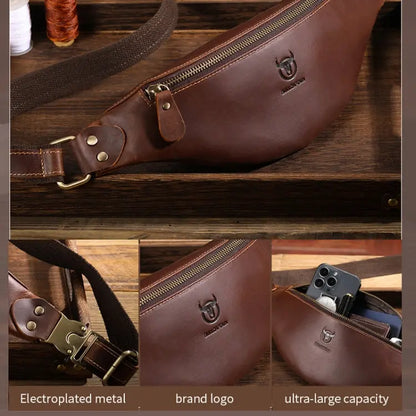 Bull Captain Retro Crazy Horse Leather Men Waist Bag Shoulder Bag Chocolate Chronos