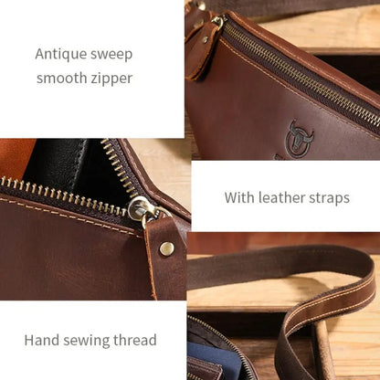 Bull Captain Retro Crazy Horse Leather Men Waist Bag Shoulder Bag Chocolate Chronos