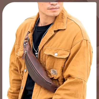 Bull Captain Retro Crazy Horse Leather Men Waist Bag Shoulder Bag Chocolate Chronos