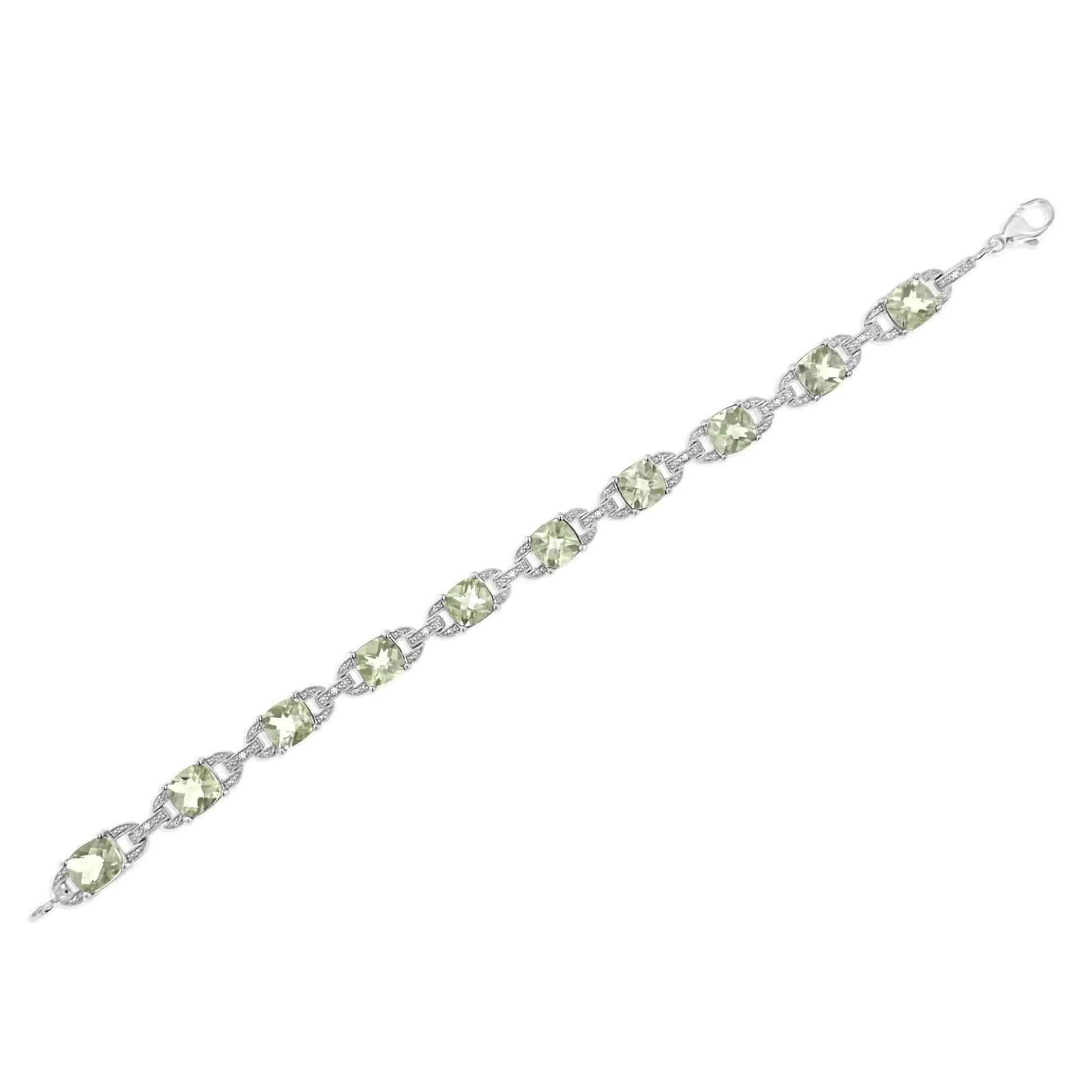 View details for .925 Sterling Silver 7x7 mm Cushion Cut Green Amethyst and 1/20 cttw Round Cut Diamond Fashion Tennis Bracelet (I-J Color, I1-I2 Clarity) - 7"