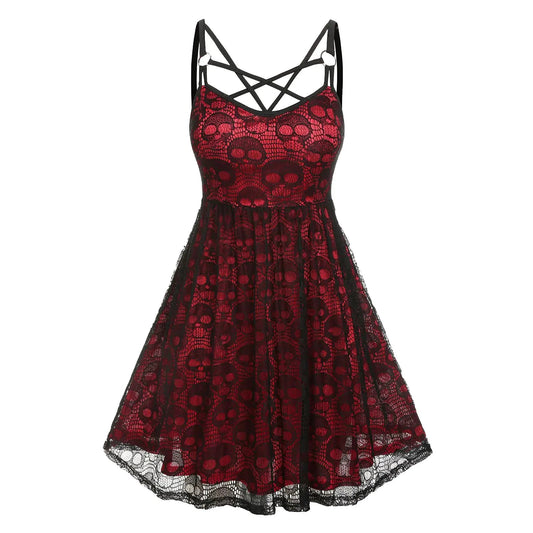 Vintage Halloween Skull Print Slip Cross Bandage Mesh Sexy Backless Prom Gothic Clubwear Dress YuNee Clothing Store