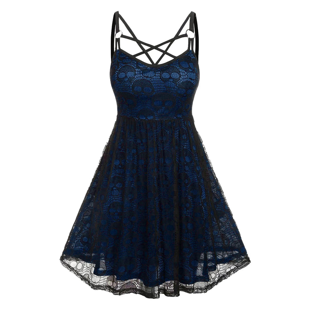 Vintage Halloween Skull Print Slip Cross Bandage Mesh Sexy Backless Prom Gothic Clubwear Dress YuNee Clothing Store