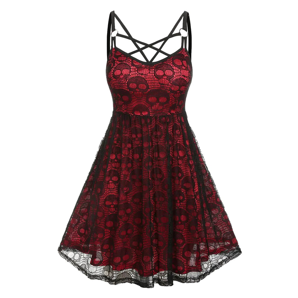 Vintage Halloween Skull Print Slip Cross Bandage Mesh Sexy Backless Prom Gothic Clubwear Dress YuNee Clothing Store