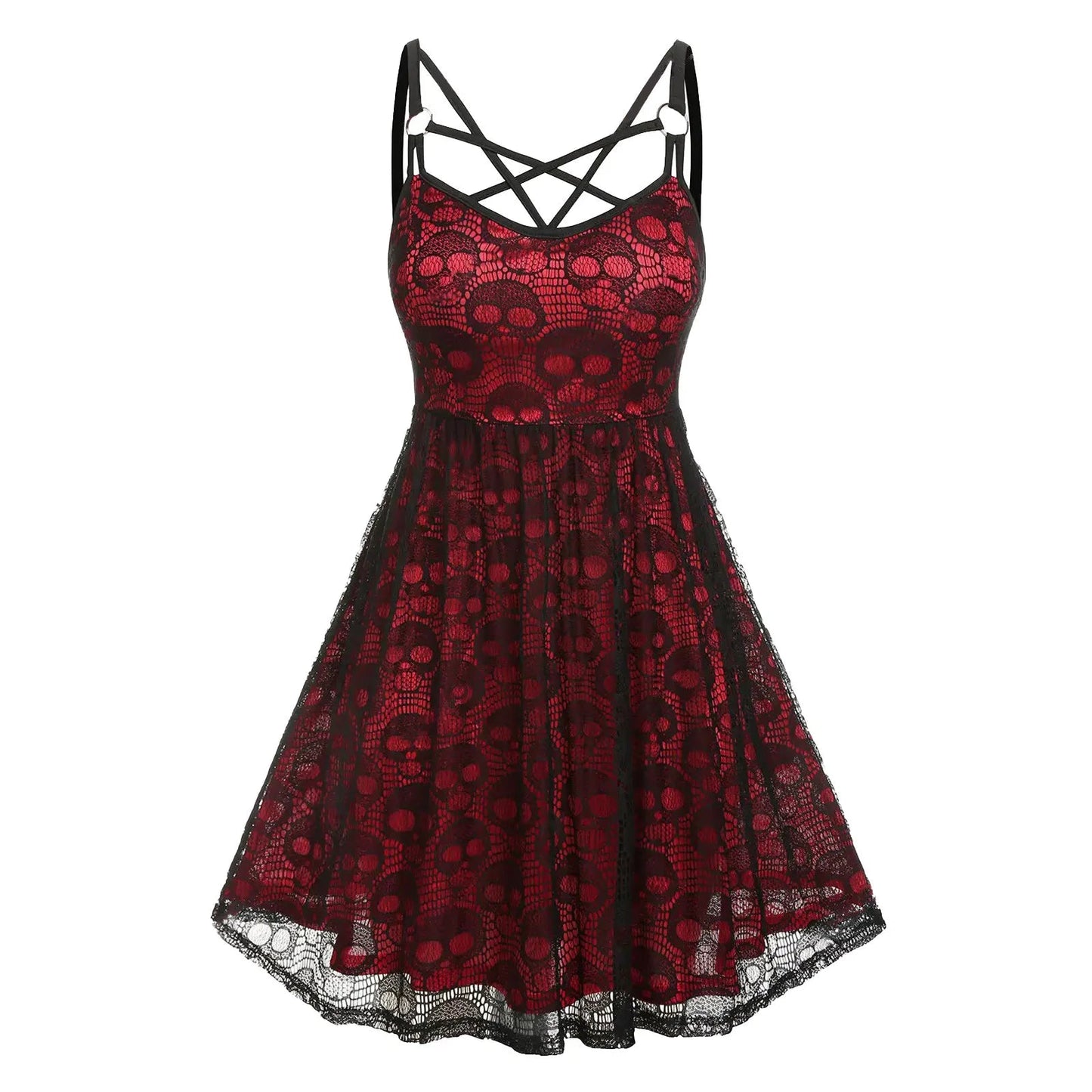 Vintage Halloween Skull Print Slip Cross Bandage Mesh Sexy Backless Prom Gothic Clubwear Dress YuNee Clothing Store