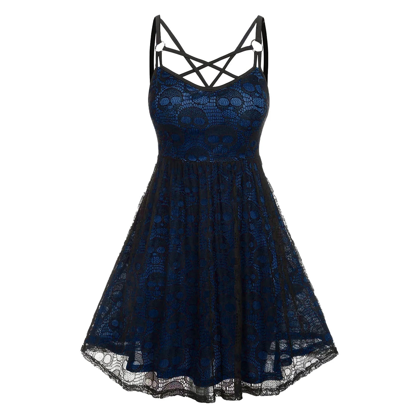Vintage Halloween Skull Print Slip Cross Bandage Mesh Sexy Backless Prom Gothic Clubwear Dress YuNee Clothing Store