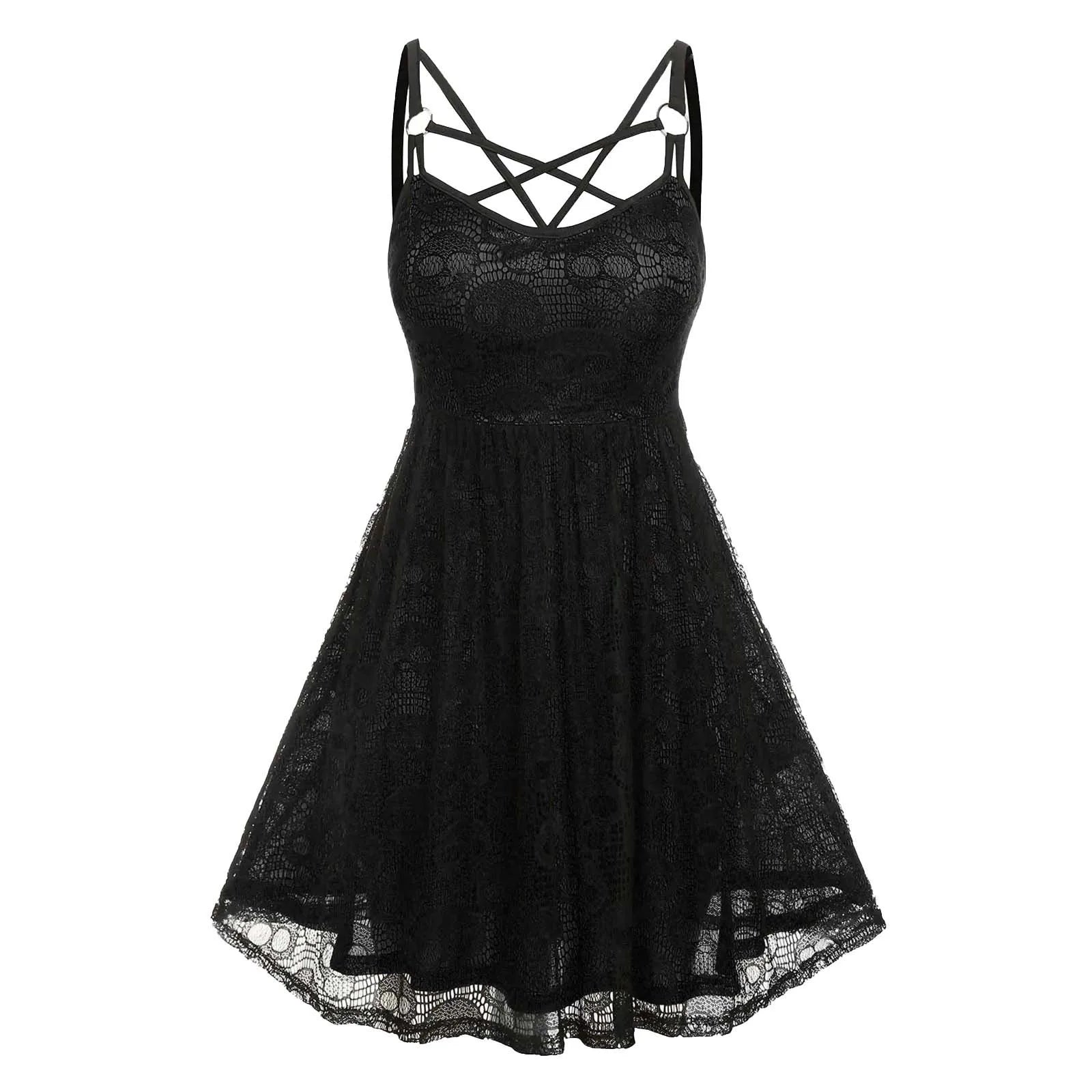 Vintage Halloween Skull Print Slip Cross Bandage Mesh Sexy Backless Prom Gothic Clubwear Dress YuNee Clothing Store