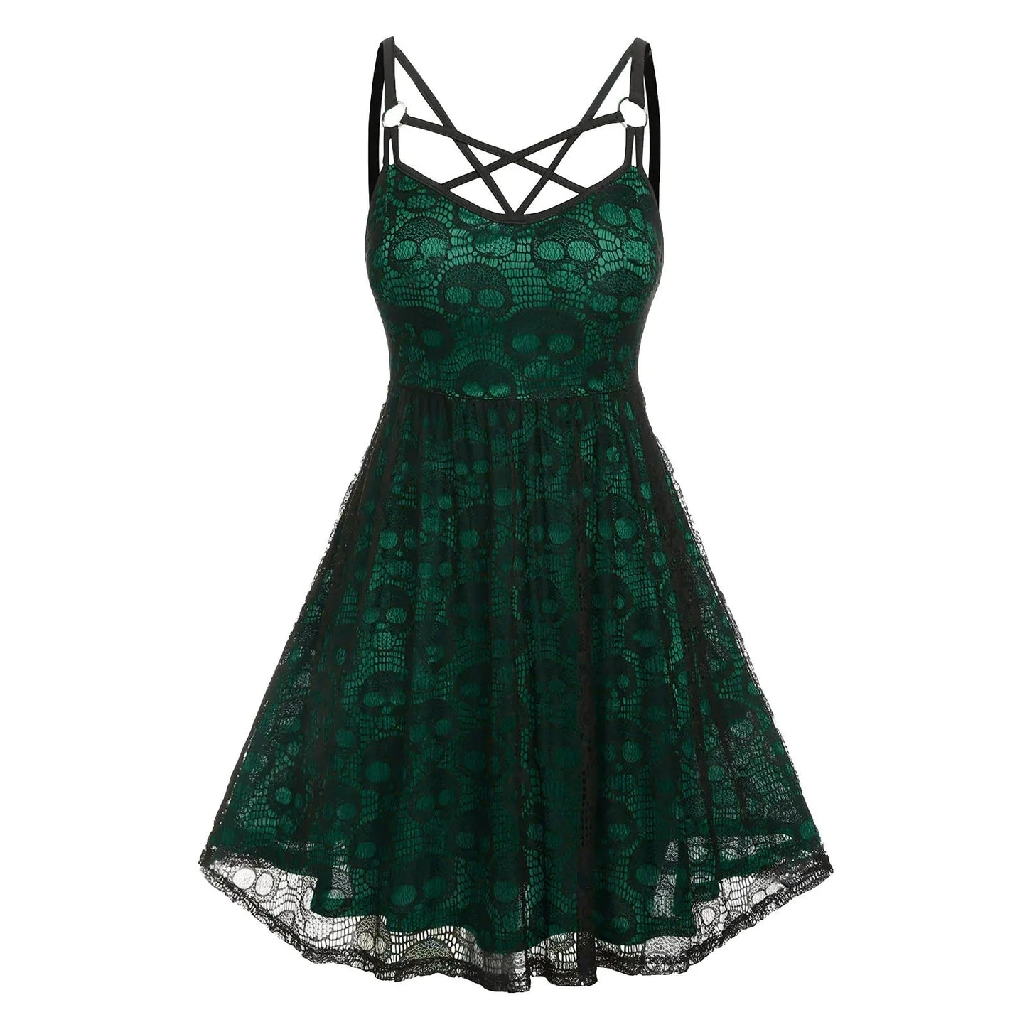 Vintage Halloween Skull Print Slip Cross Bandage Mesh Sexy Backless Prom Gothic Clubwear Dress YuNee Clothing Store