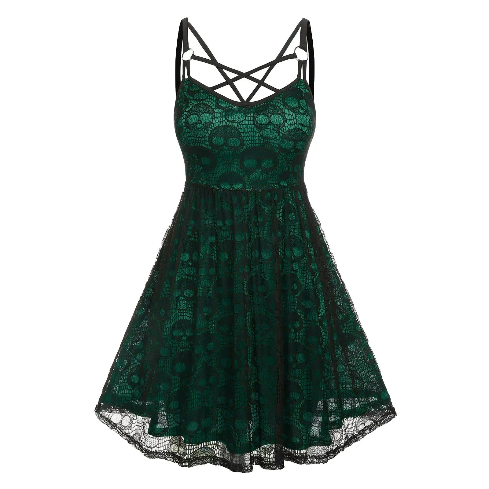 Vintage Halloween Skull Print Slip Cross Bandage Mesh Sexy Backless Prom Gothic Clubwear Dress YuNee Clothing Store