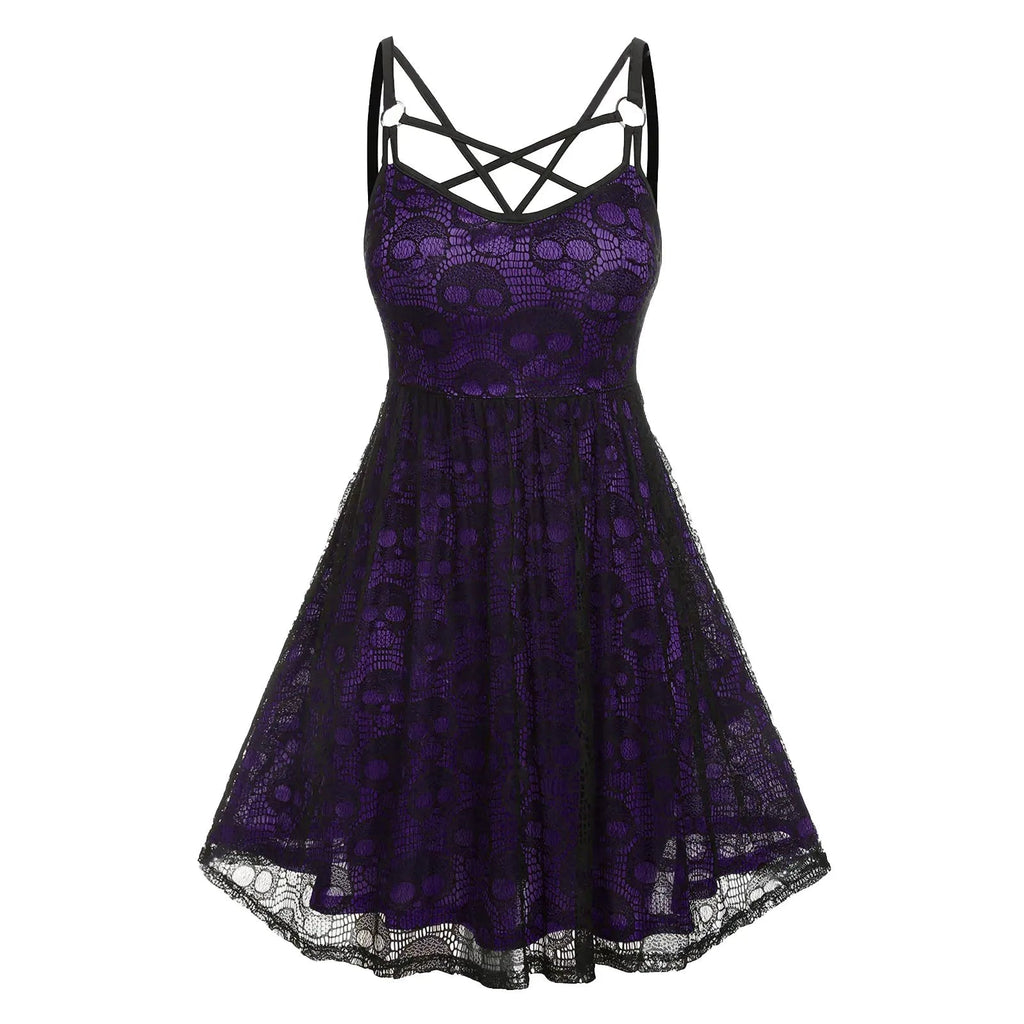 Vintage Halloween Skull Print Slip Cross Bandage Mesh Sexy Backless Prom Gothic Clubwear Dress YuNee Clothing Store
