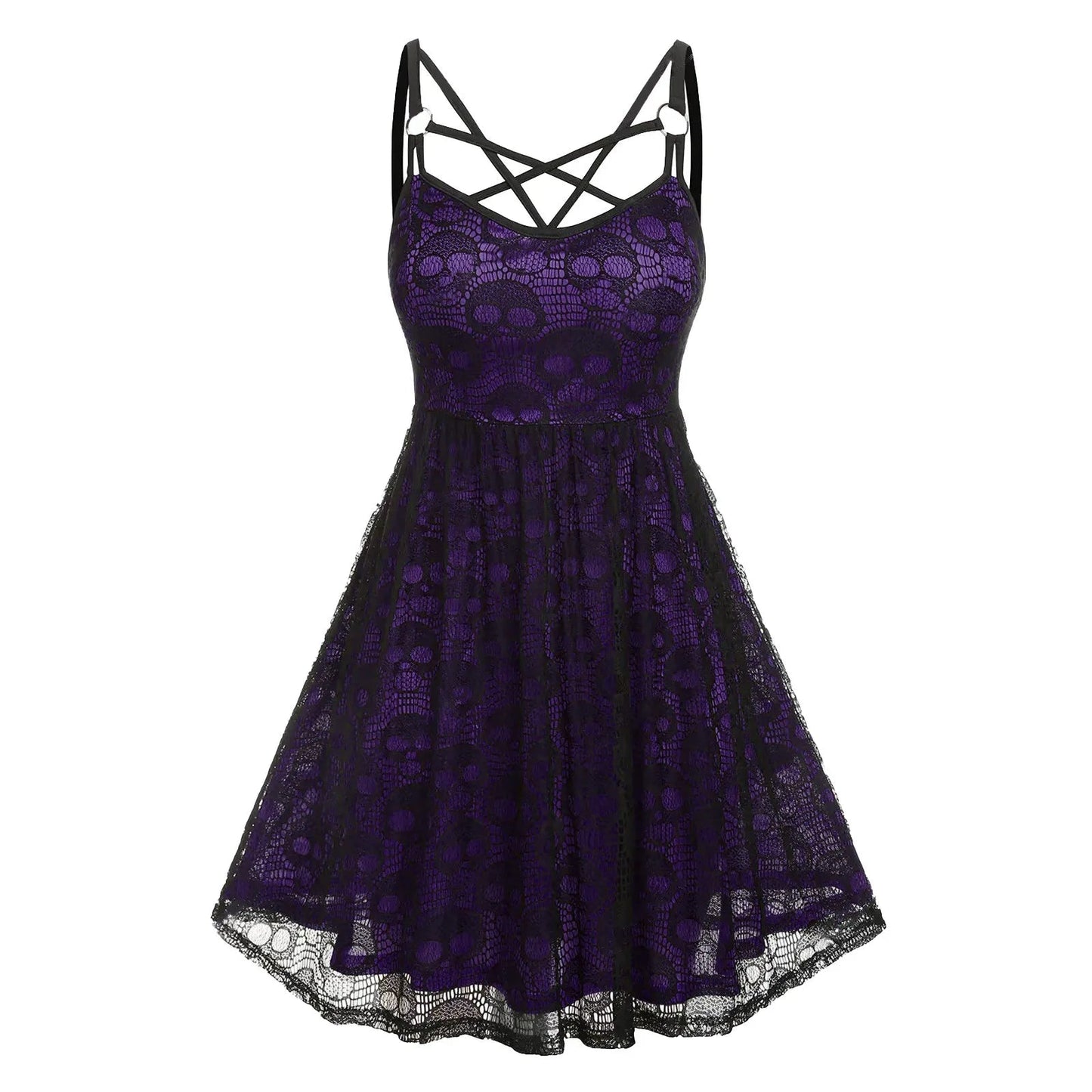 Vintage Halloween Skull Print Slip Cross Bandage Mesh Sexy Backless Prom Gothic Clubwear Dress YuNee Clothing Store
