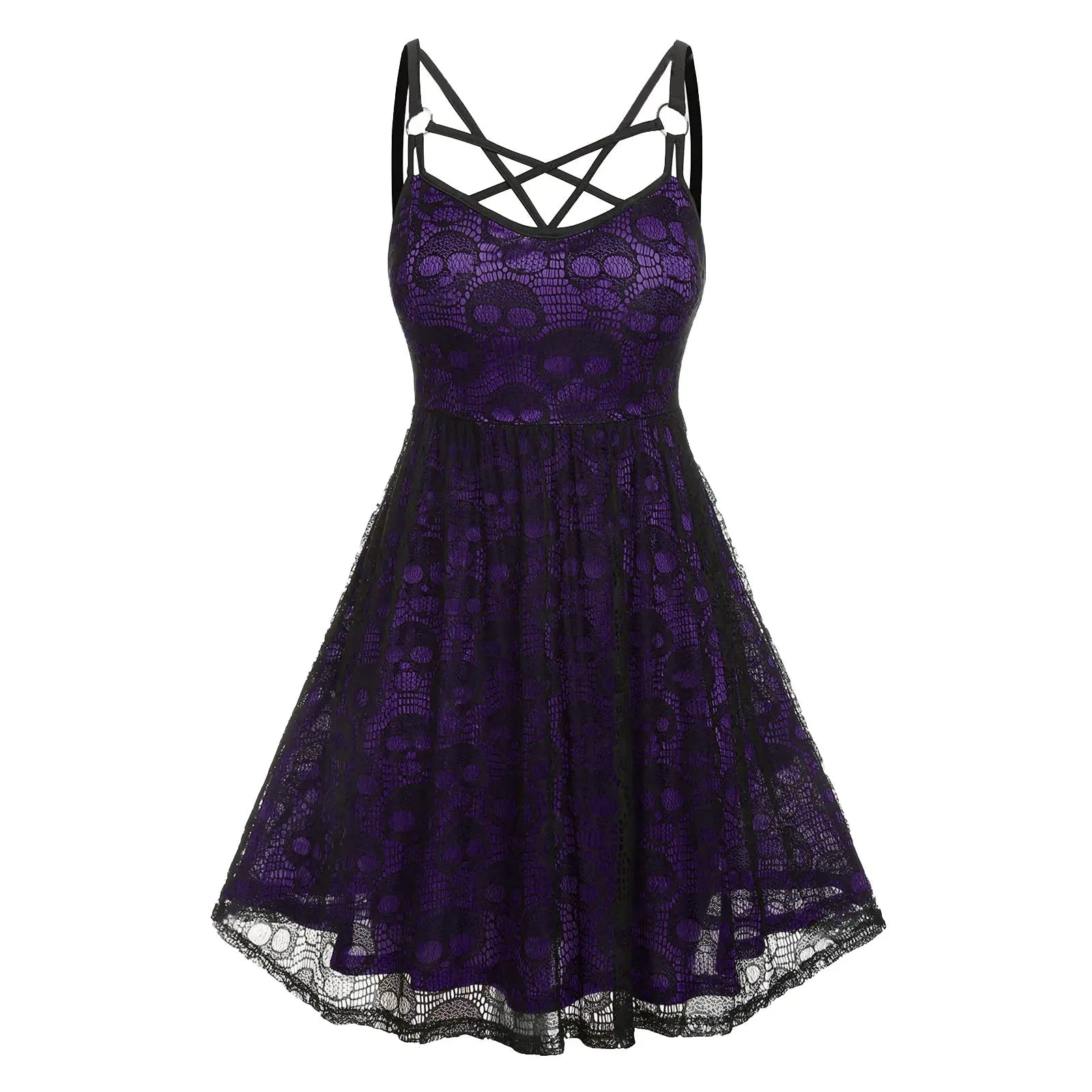 Vintage Halloween Skull Print Slip Cross Bandage Mesh Sexy Backless Prom Gothic Clubwear Dress YuNee Clothing Store