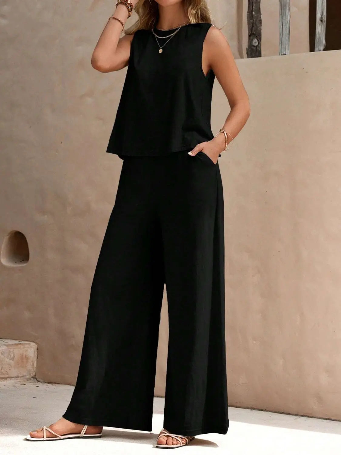 Round Neck Sleeveless Top and Wide Leg Pants Set Shop1102652536 Store