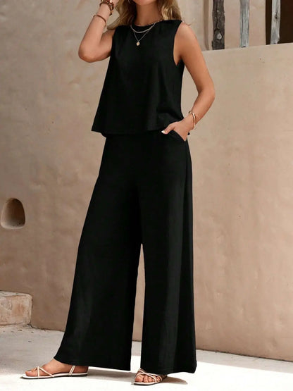 Round Neck Sleeveless Top and Wide Leg Pants Set Shop1102652536 Store