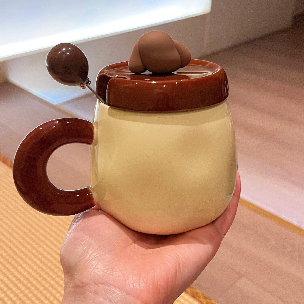 Cartoon Sausage Dog Mug With Lid Spoon Ceramic Water Cup