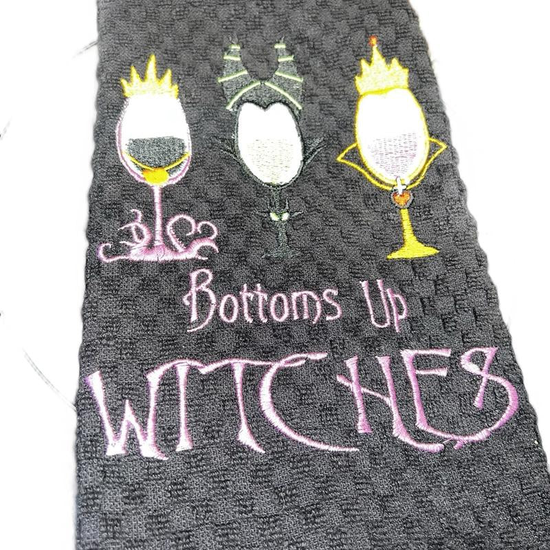 Black Kitchen Towel - Halloween Themed - Machine Embroidery - 'Bottoms up Witches'