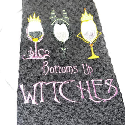 Black Kitchen Towel - Halloween Themed - Machine Embroidery - 'Bottoms up Witches'