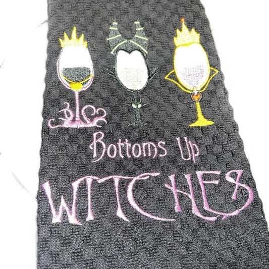 Black Kitchen Towel - Halloween Themed - Machine Embroidery - 'Bottoms up Witches'