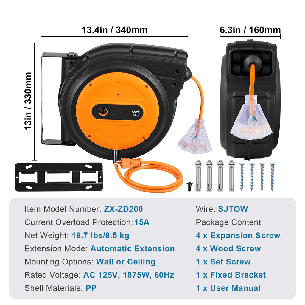 Enrollador de cable de extensión retráctil VEVOR Enrollador de cable de alimentación 65 pies 12 AWG 3C SJTOW