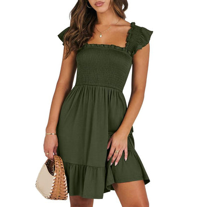 ANRABESS Womens Summer Casual Sleeveless Square Neck Smocked Ruffle Backless Boho Mini Dress 2025 Sundress Beach Vacation Outfits