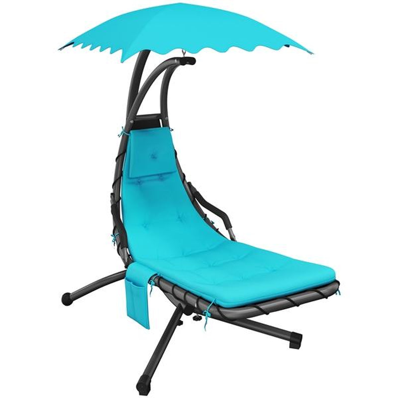 Yaheetech Outdoor Hanging Chaise Lounger with Stand, Swinging Lounge Chair with Built-In Pillow and Removable Canopy, 265 Lb Capacity