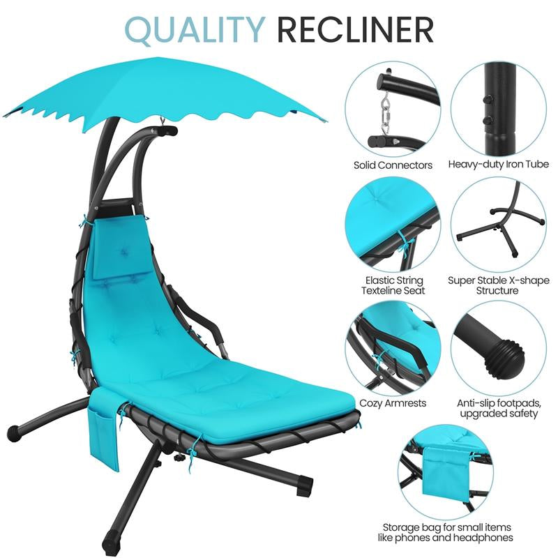 Yaheetech Outdoor Hanging Chaise Lounger with Stand, Swinging Lounge Chair with Built-In Pillow and Removable Canopy, 265 Lb Capacity