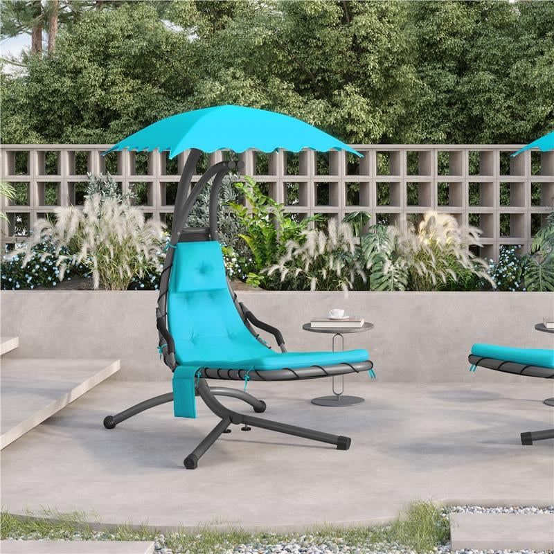 Yaheetech Outdoor Hanging Chaise Lounger with Stand, Swinging Lounge Chair with Built-In Pillow and Removable Canopy, 265 Lb Capacity