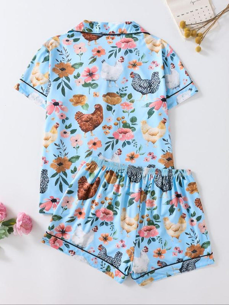 Women'S Chicken & Floral Print Button Top & Shorts Pajama Two-Piece Set, Casual Comfy Short Sleeve Top & Shorts Pj Set, Ladies Sleepwear for All Seasons, Sleep Sets