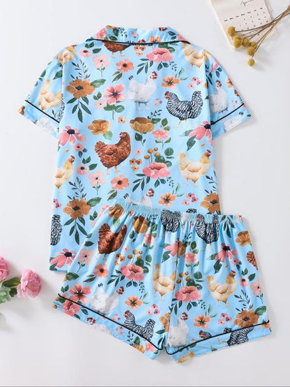 Women'S Chicken & Floral Print Button Top & Shorts Pajama Two-Piece Set, Casual Comfy Short Sleeve Top & Shorts Pj Set, Ladies Sleepwear for All Seasons, Sleep Sets