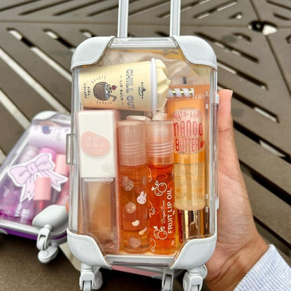 Mini Suitcase Lipgloss Bundle - Comes with 5 Random Lipglosses & a Scrunchie, Lip Care Kit with Lip Balm, Lip Gloss, and Lipstick - Cosmetic, Makeup Lip Oil - Gift, Glossy Everyday Pink