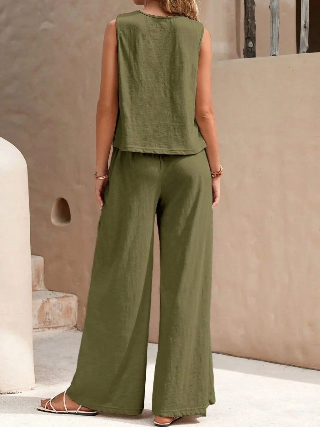 Round Neck Sleeveless Top and Wide Leg Pants Set Shop1102652536 Store