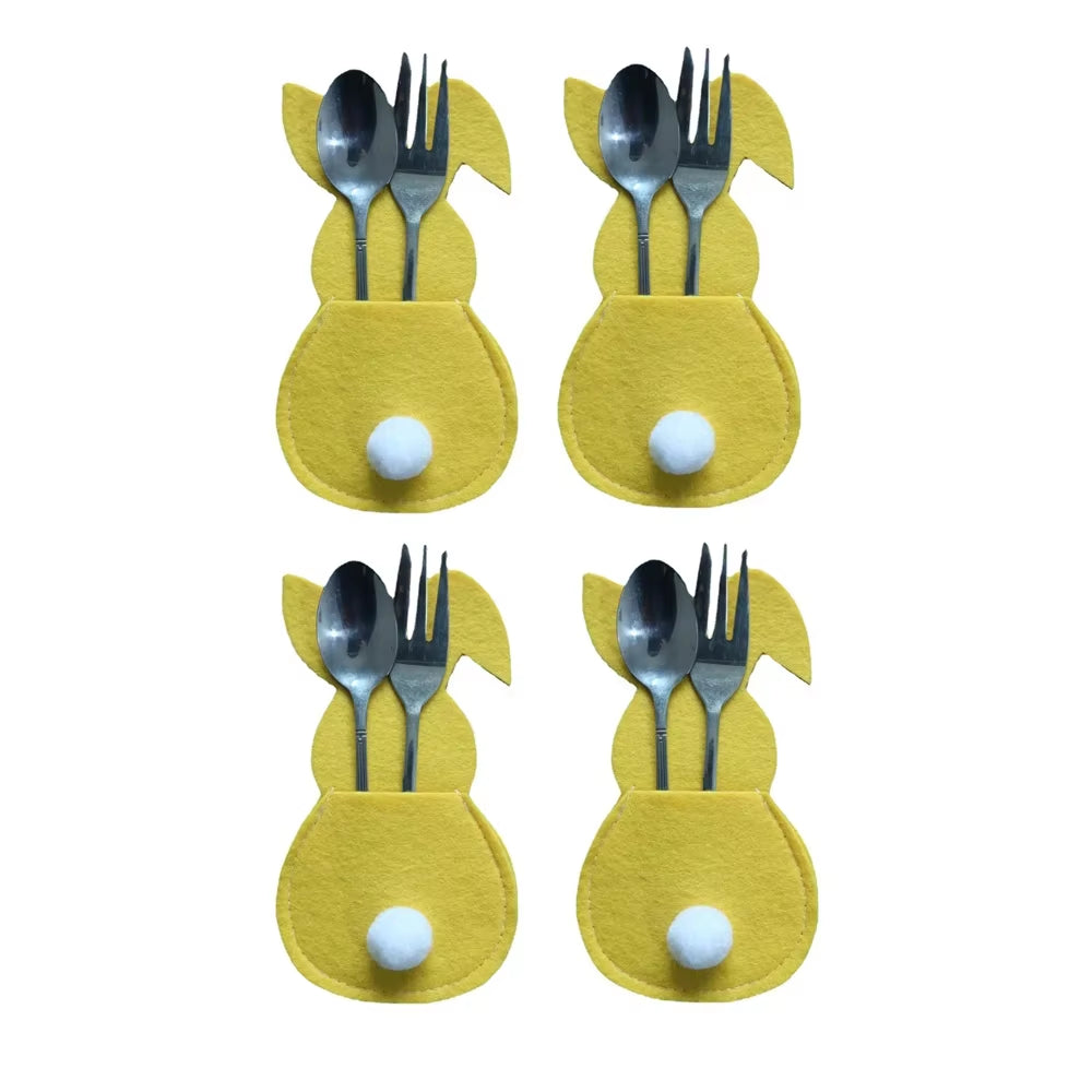 4Pcs Easter Rabbit Knife and Fork Bag with Tail Rabbit Cutlery Holder Bag Happy Easter Day Party Supplies 2023 Cutlery Cover