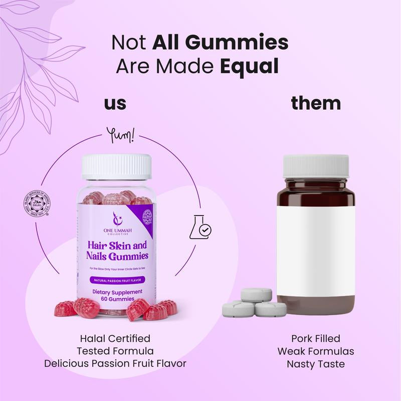 Halal Certified Hair, Skin, & Nails Gummies - Packed with Biotin, Collagen, Folate, & Essential Beauty Vitamins for Strong Hair, Glowing Skin & Healthy Nails - Easy Digestion & High Absorption - 60 Ct