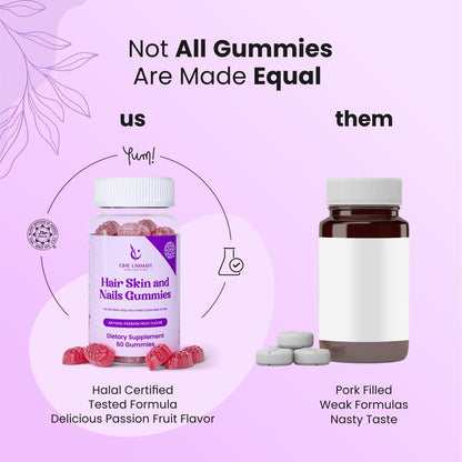 Halal Certified Hair, Skin, & Nails Gummies - Packed with Biotin, Collagen, Folate, & Essential Beauty Vitamins for Strong Hair, Glowing Skin & Healthy Nails - Easy Digestion & High Absorption - 60 Ct
