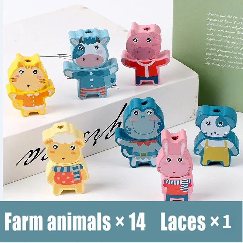 Kids Montessori Wooden Lacing Toy DIY Wooden Beads for Children Cartoon Animals Fruit Letter Digital Beads Threading Toys Gifts