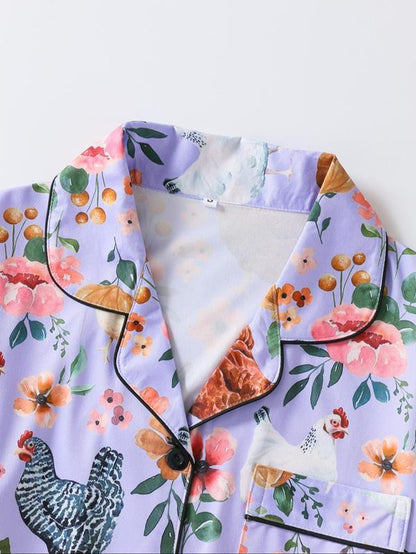 Women'S Chicken & Floral Print Button Top & Shorts Pajama Two-Piece Set, Casual Comfy Short Sleeve Top & Shorts Pj Set, Ladies Sleepwear for All Seasons, Sleep Sets