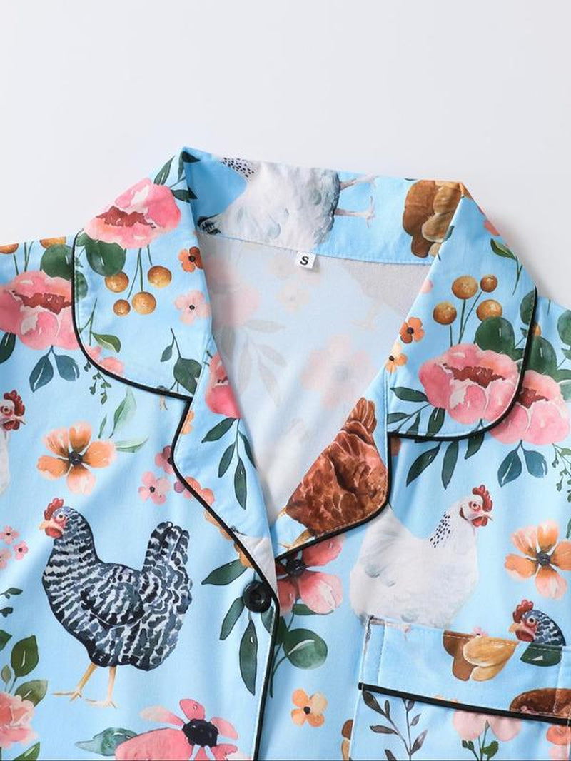 Women'S Chicken & Floral Print Button Top & Shorts Pajama Two-Piece Set, Casual Comfy Short Sleeve Top & Shorts Pj Set, Ladies Sleepwear for All Seasons, Sleep Sets