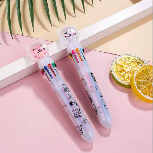 10Pcs/Lot Cute Stationery 10 Color Sequins Butterfly Rabbit Cat Ballpoint Pen School Office Multicolored Pens Colorful Refill