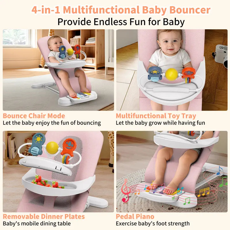 Three In One Baby Bouncer With Detachable Piano Pedals And Feeding Tray