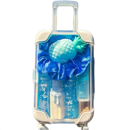 Mini Suitcase Lipgloss Bundle - Comes with 5 Random Lipglosses & a Scrunchie, Lip Care Kit with Lip Balm, Lip Gloss, and Lipstick - Cosmetic, Makeup Lip Oil - Gift, Glossy Everyday Pink