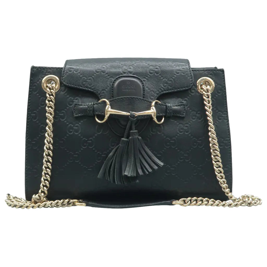 Gucci Emily Medium GG Guccissima Patent Leather Chain Shoulder Bag Black CH Overseas International Flagship Store