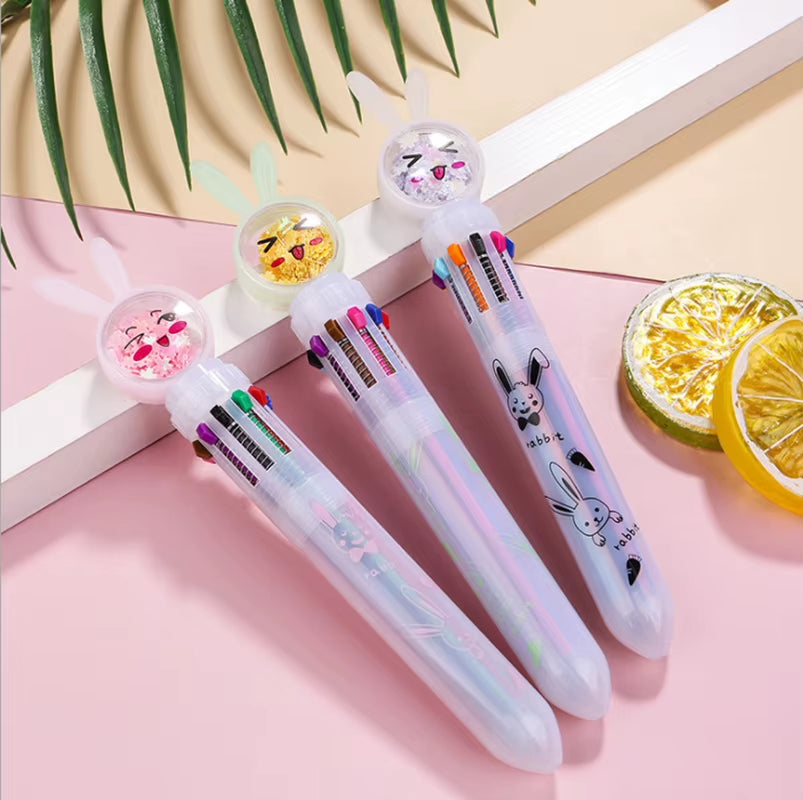 10Pcs/Lot Cute Stationery 10 Color Sequins Butterfly Rabbit Cat Ballpoint Pen School Office Multicolored Pens Colorful Refill