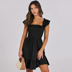 ANRABESS Womens Summer Casual Sleeveless Square Neck Smocked Ruffle Backless Boho Mini Dress 2025 Sundress Beach Vacation Outfits