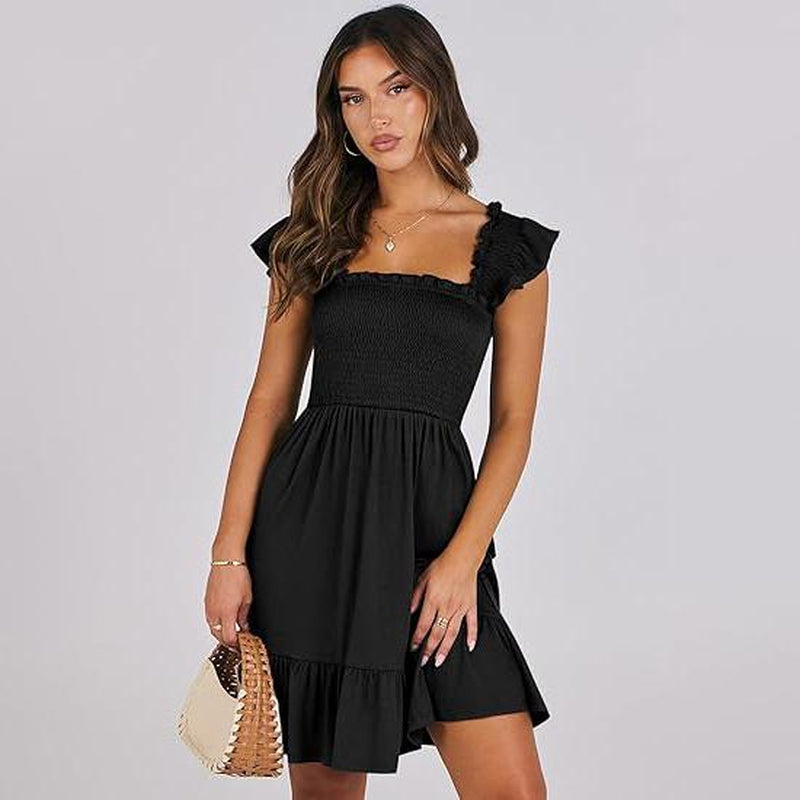 ANRABESS Womens Summer Casual Sleeveless Square Neck Smocked Ruffle Backless Boho Mini Dress 2025 Sundress Beach Vacation Outfits