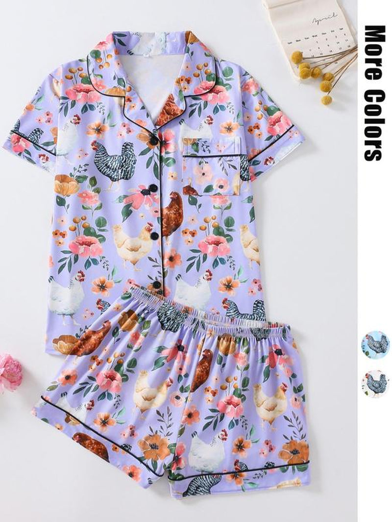 Women'S Chicken & Floral Print Button Top & Shorts Pajama Two-Piece Set, Casual Comfy Short Sleeve Top & Shorts Pj Set, Ladies Sleepwear for All Seasons, Sleep Sets