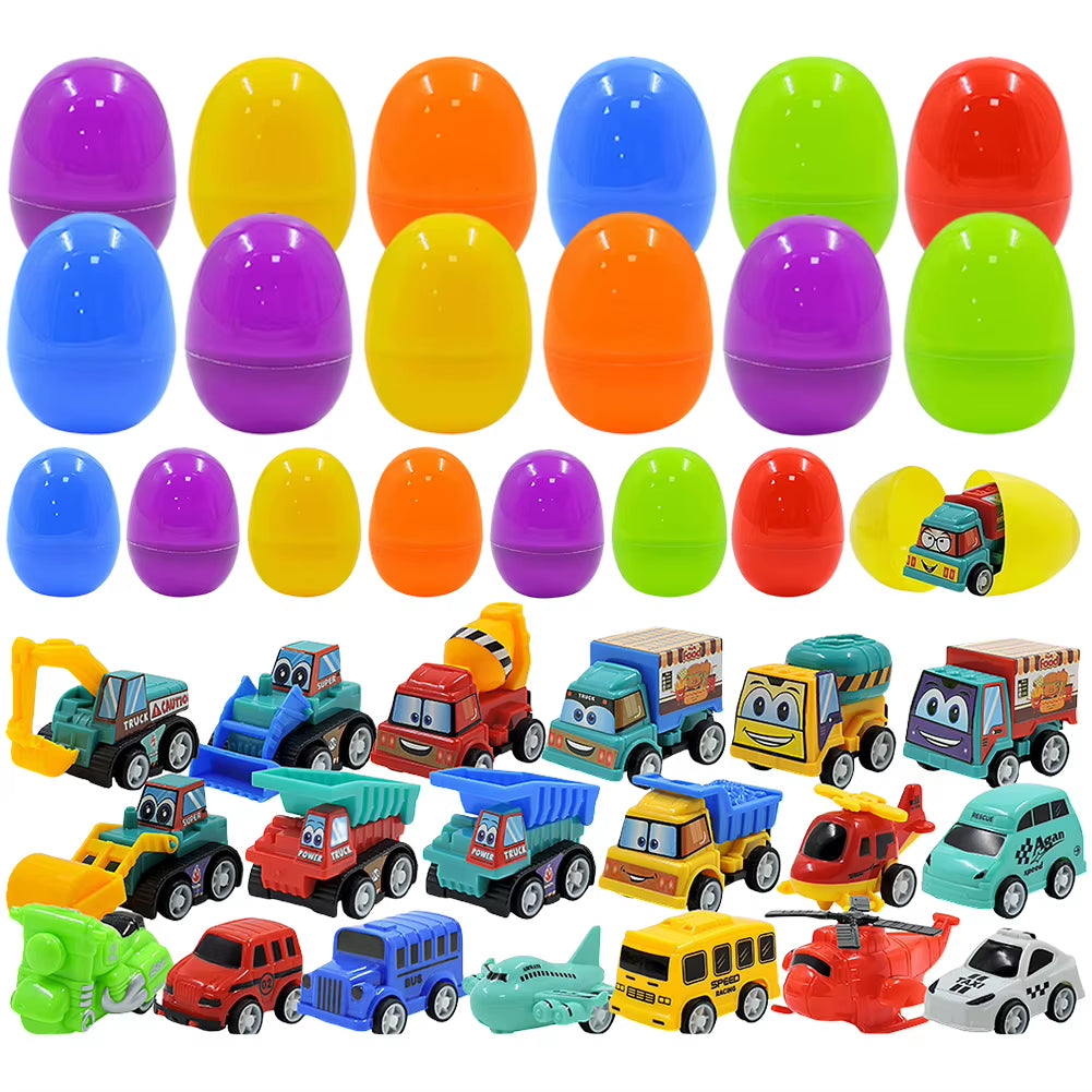 12/20 Pack Easter Basket Stuffers with Pull Back Cars Surprise Easter Eggs for Easter Egg Hunt Game Classroom Prize