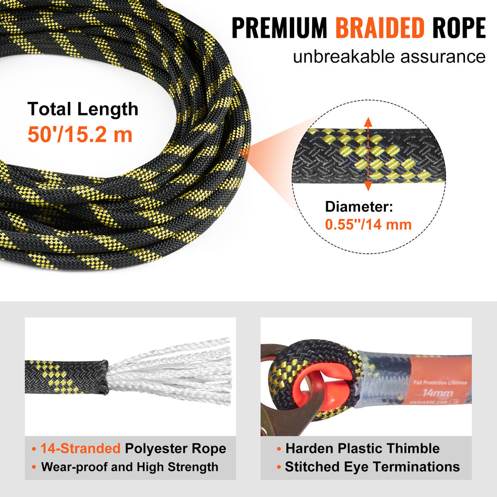 VEVOR Conjunto de línea de vida vertical, cuerda de protección contra caídas de 0.55 X 50 con tensión de rotura de 30 KN, cuerda de poliéster para tejados con ganchos de seguridad de acero, anticaídas y absorbedor de energía, cumple con ANSI