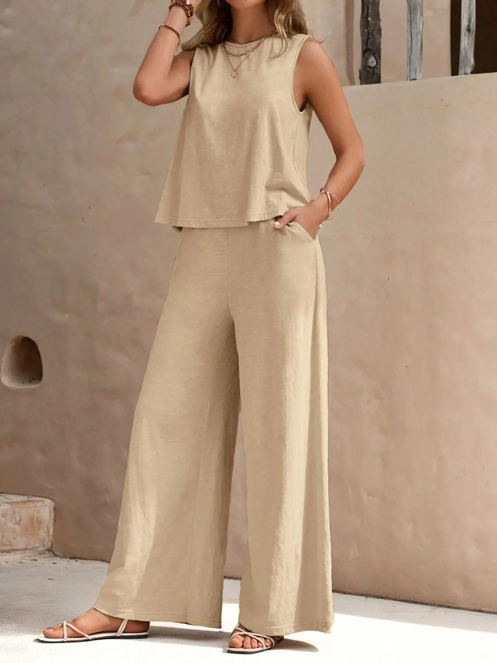 Round Neck Sleeveless Top and Wide Leg Pants Set Shop1102652536 Store