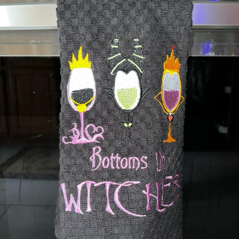 Black Kitchen Towel - Halloween Themed - Machine Embroidery - 'Bottoms up Witches'