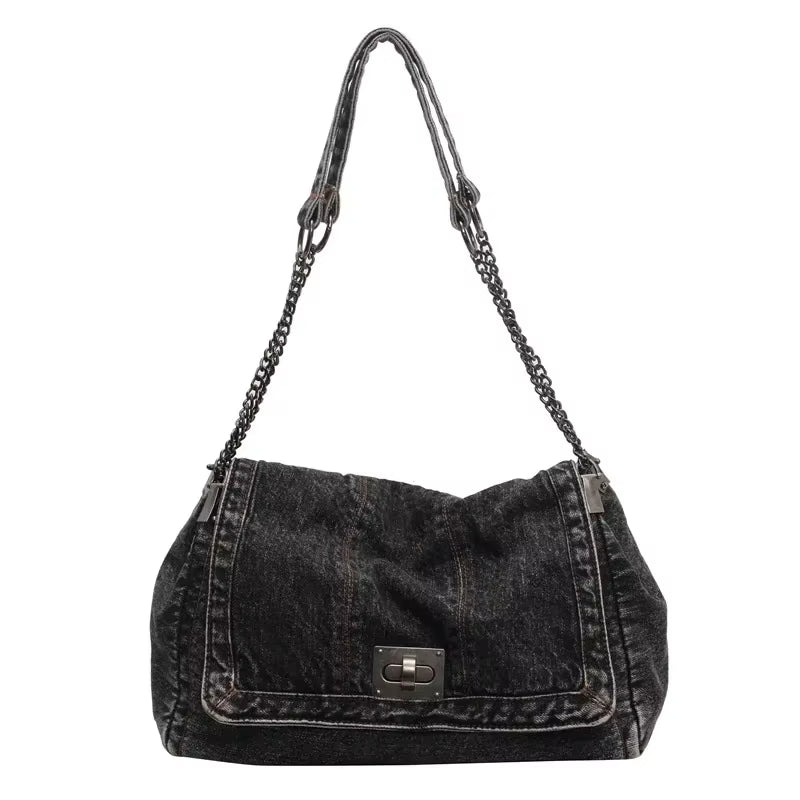 Solid Color Denim Canvas Shoulder Bag Multi Functional Fashionable Shoulder Bag Minimalist Casual Bag American Retro Handbag